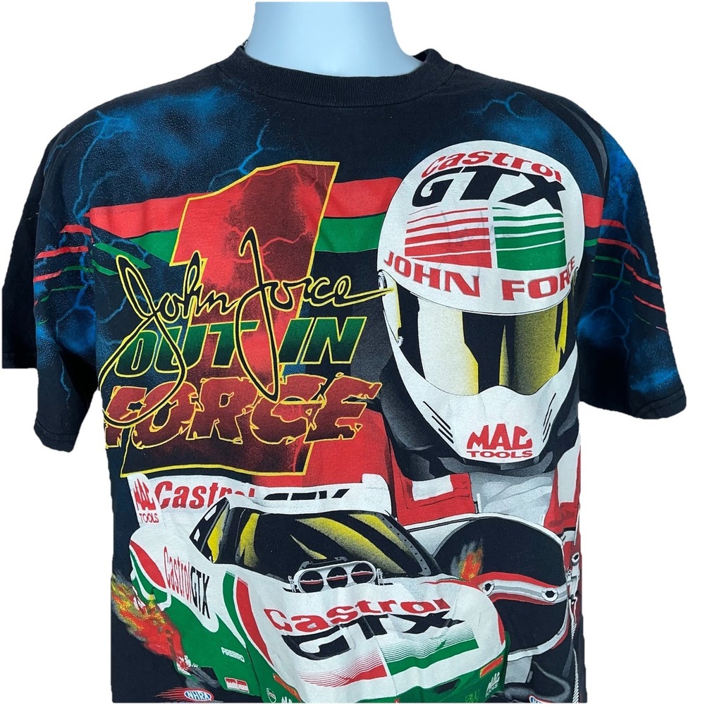 vintage 90s NHRA John Force Castrol GTX DRAG RACING ALL OVER PRINT T-Shirt Large